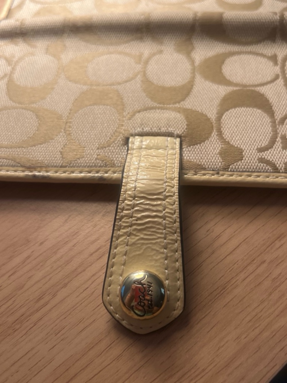 Coach Pale Yellow Signature Canvas Wristlet with Patent Trim